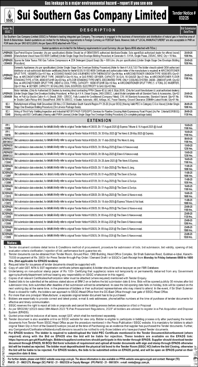 Sui Southern Gas Company Limited Tender Notice